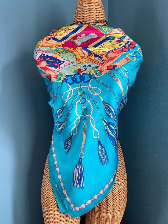 None Accessories - Vibrant Turquoise Silk Scarf with Tassel Print 42 x 42